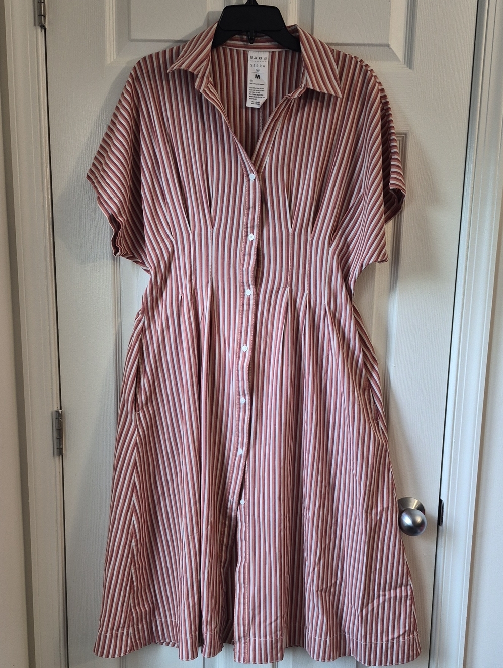 Serra Striped Button Front Midi Dress In Rust and White